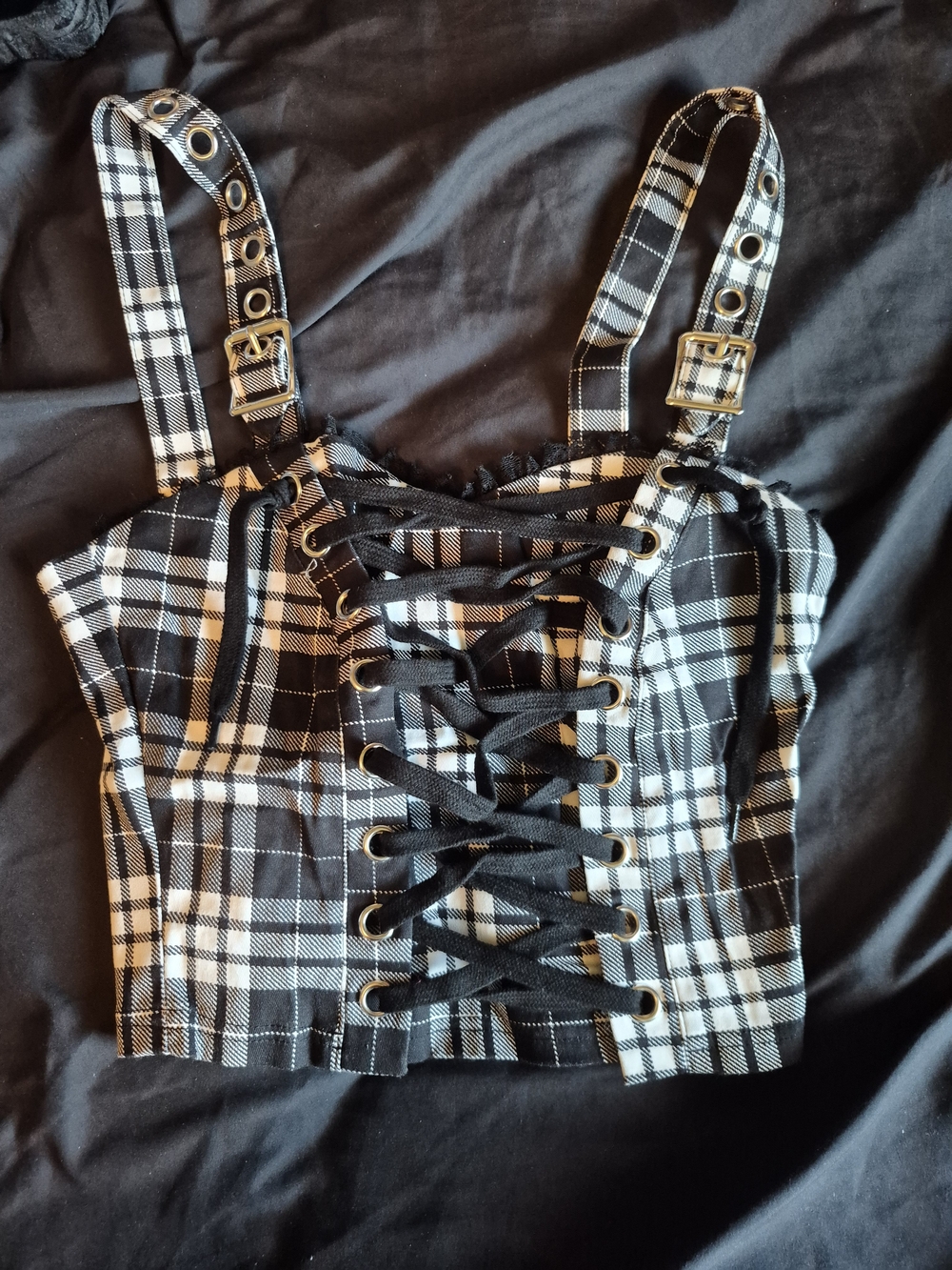 WIDOW Plaid Lace-Up Crop Tank Top with Buckle Straps - Black & White